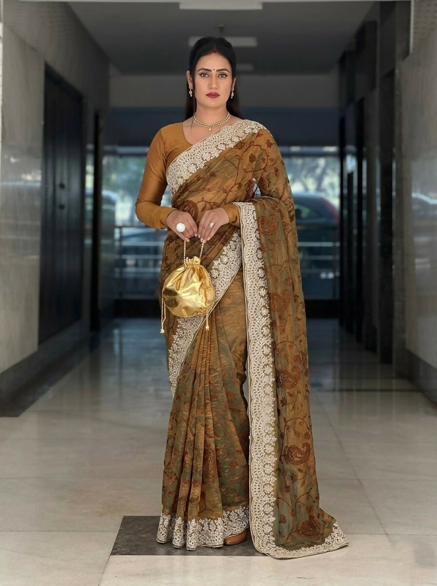 Teeya Creation New Trendy Latest Party Wear Two Tone Twill Net Saree-Gold | Grocsy