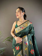 Joban Fashion Green Zari Woven Floral Motifs Soft Silk Paithani Silk Saree | Grocsy