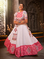 Myra White and Pink Jaquard Cotton Embroidered Designer Lehenga | Grocsy