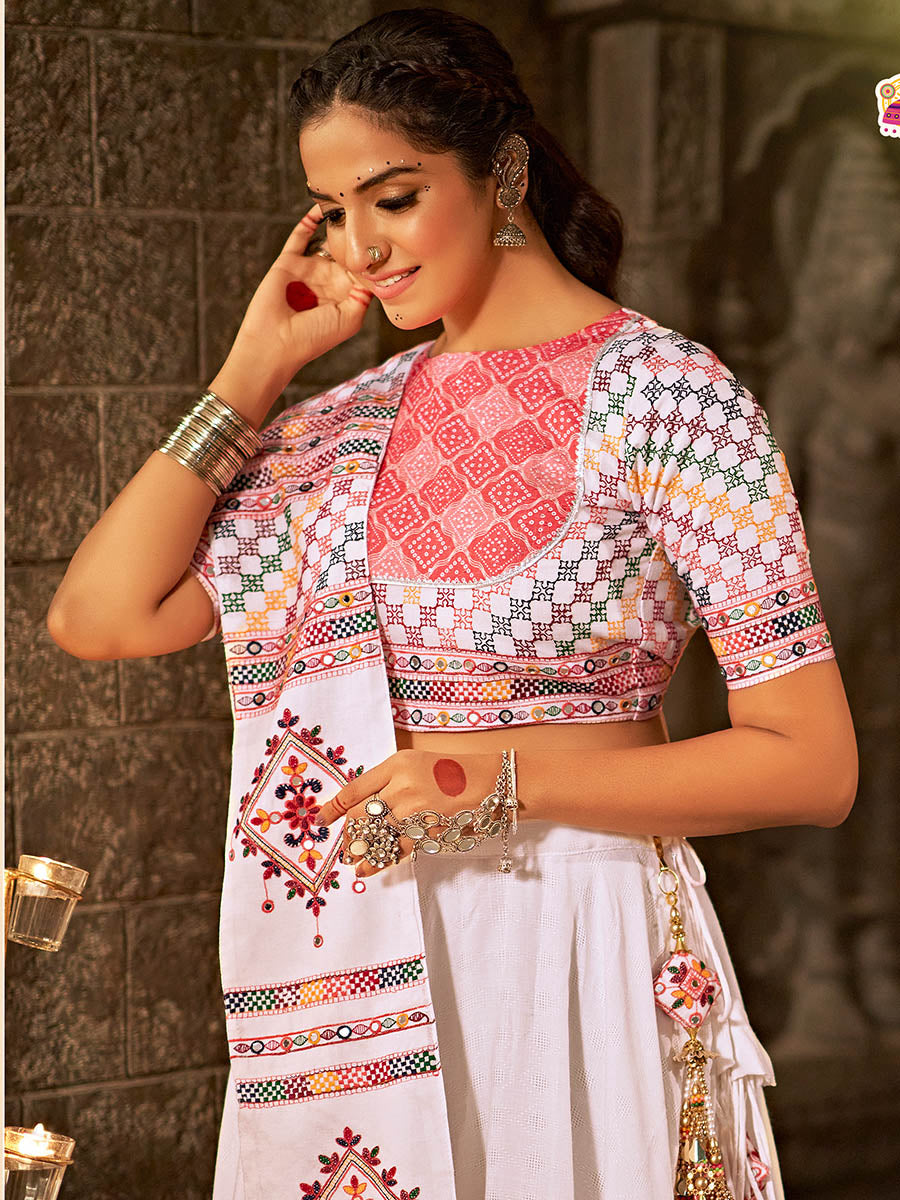 Myra White and Pink Jaquard Cotton Embroidered Designer Lehenga | Grocsy