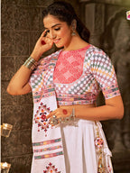Myra White and Pink Jaquard Cotton Embroidered Designer Lehenga | Grocsy