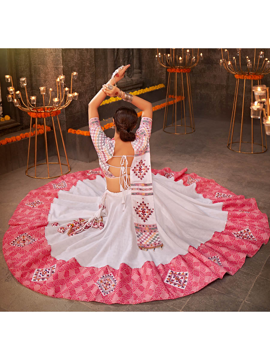 Myra White and Pink Jaquard Cotton Embroidered Designer Lehenga | Grocsy
