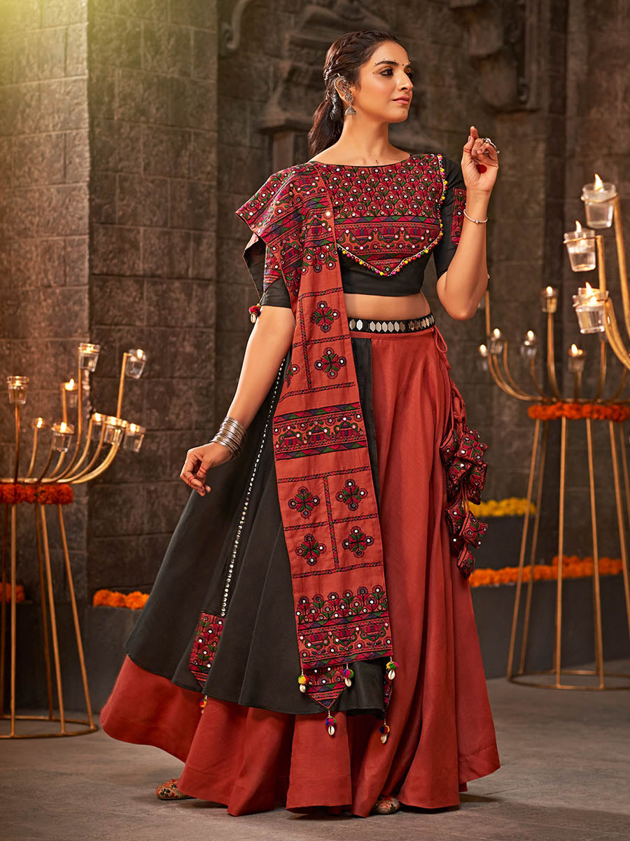 Myra Orange Cotton Embroidered Designer Navratri Special Lehenga | Grocsy