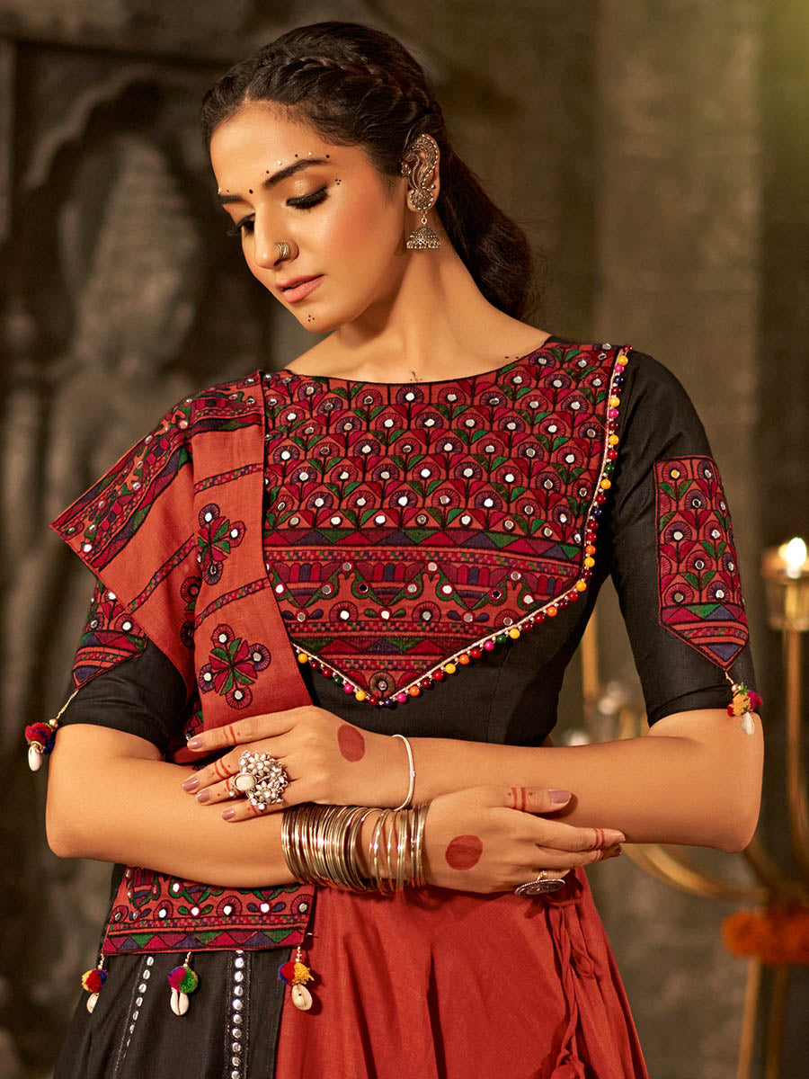 Myra Orange Cotton Embroidered Designer Navratri Special Lehenga | Grocsy