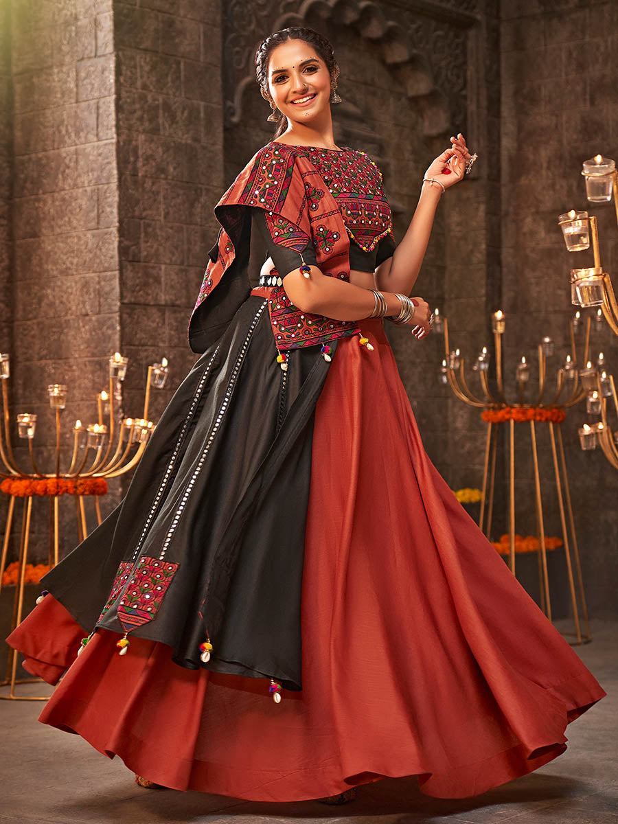 Myra Orange Cotton Embroidered Designer Navratri Special Lehenga | Grocsy