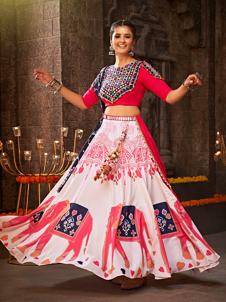 Myra White Rayon Embroidered Designer Navratri Special Lehenga | Grocsy