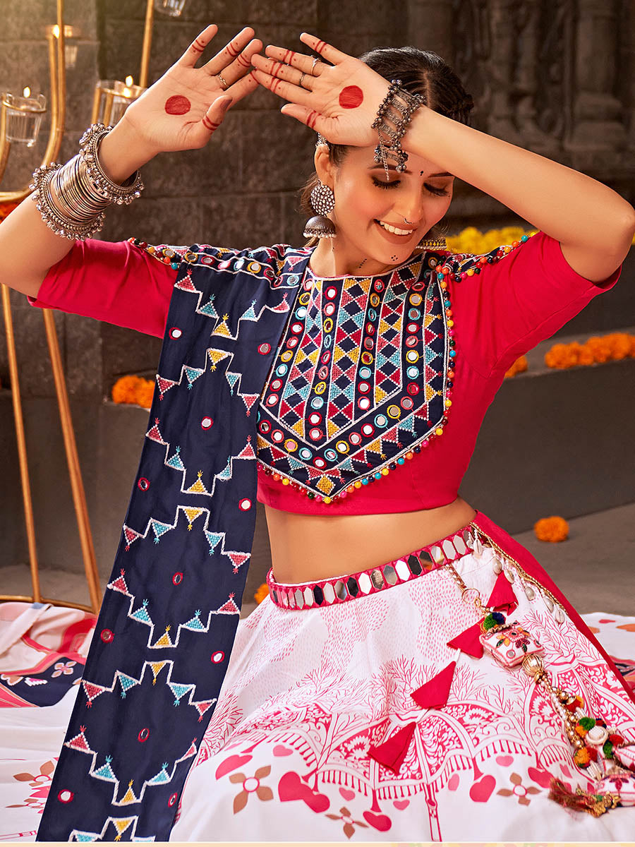 Myra White Rayon Embroidered Designer Navratri Special Lehenga | Grocsy