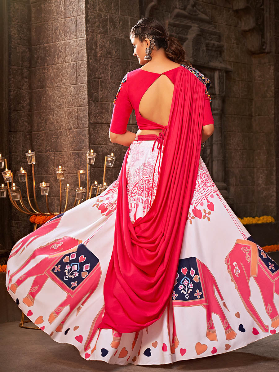 Myra White Rayon Embroidered Designer Navratri Special Lehenga | Grocsy