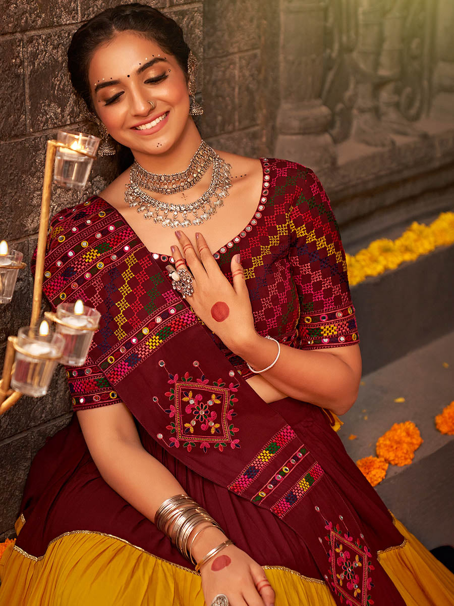 Myra Multicolour Rayon Embroidered Designer Navratri Special Lehenga | Grocsy