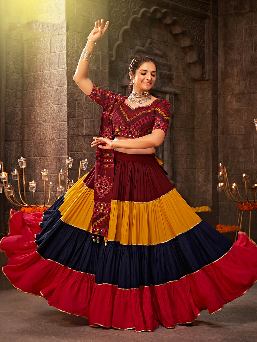 Myra Multicolour Rayon Embroidered Designer Navratri Special Lehenga | Grocsy