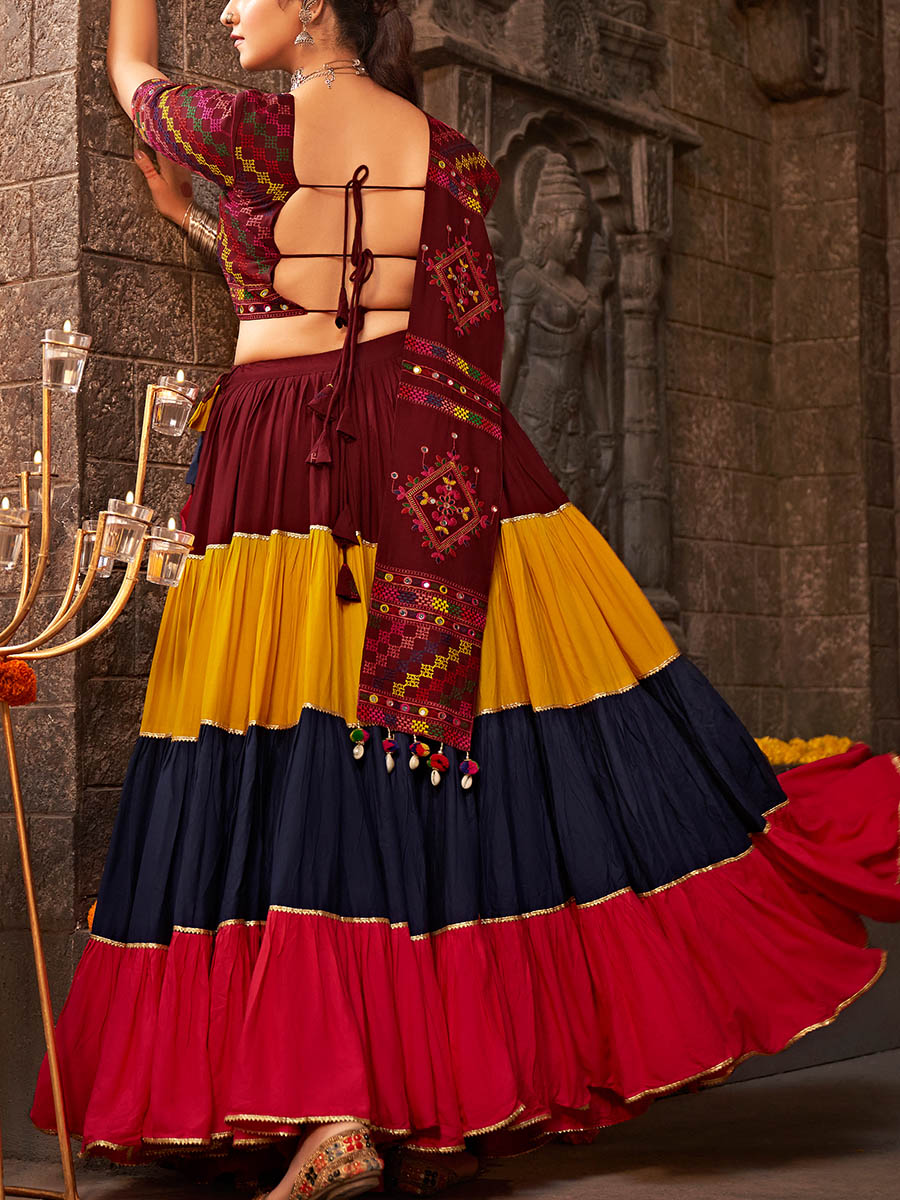 Myra Multicolour Rayon Embroidered Designer Navratri Special Lehenga | Grocsy