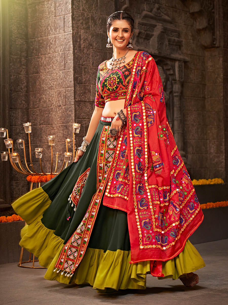 Myra Green Viscose Rayon Embroidered Designer Navratri Special Lehenga | Grocsy
