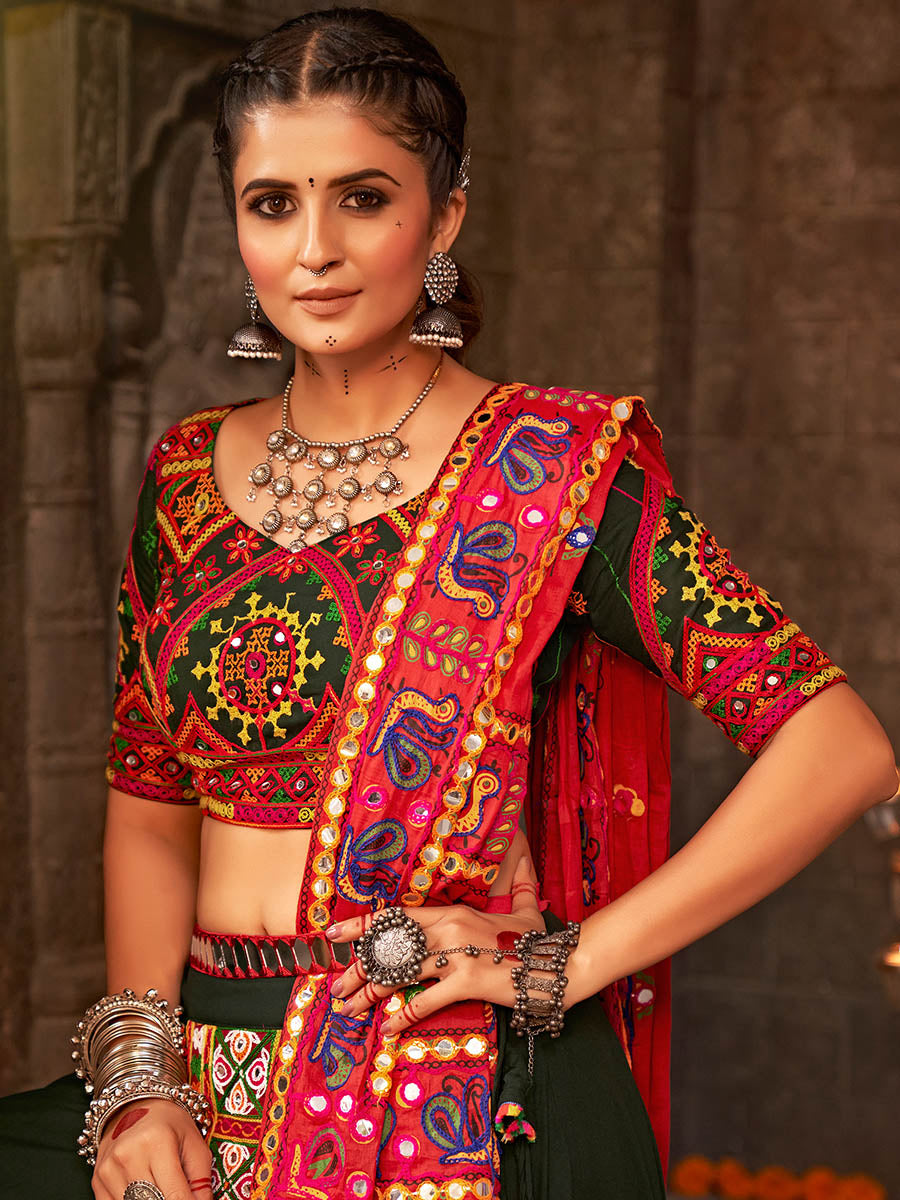 Myra Green Viscose Rayon Embroidered Designer Navratri Special Lehenga | Grocsy