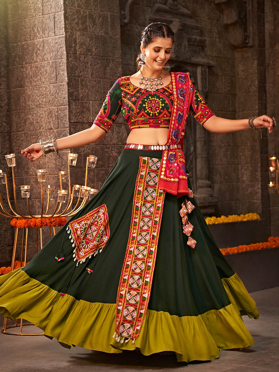 Myra Green Viscose Rayon Embroidered Designer Navratri Special Lehenga | Grocsy