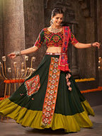 Myra Green Viscose Rayon Embroidered Designer Navratri Special Lehenga | Grocsy