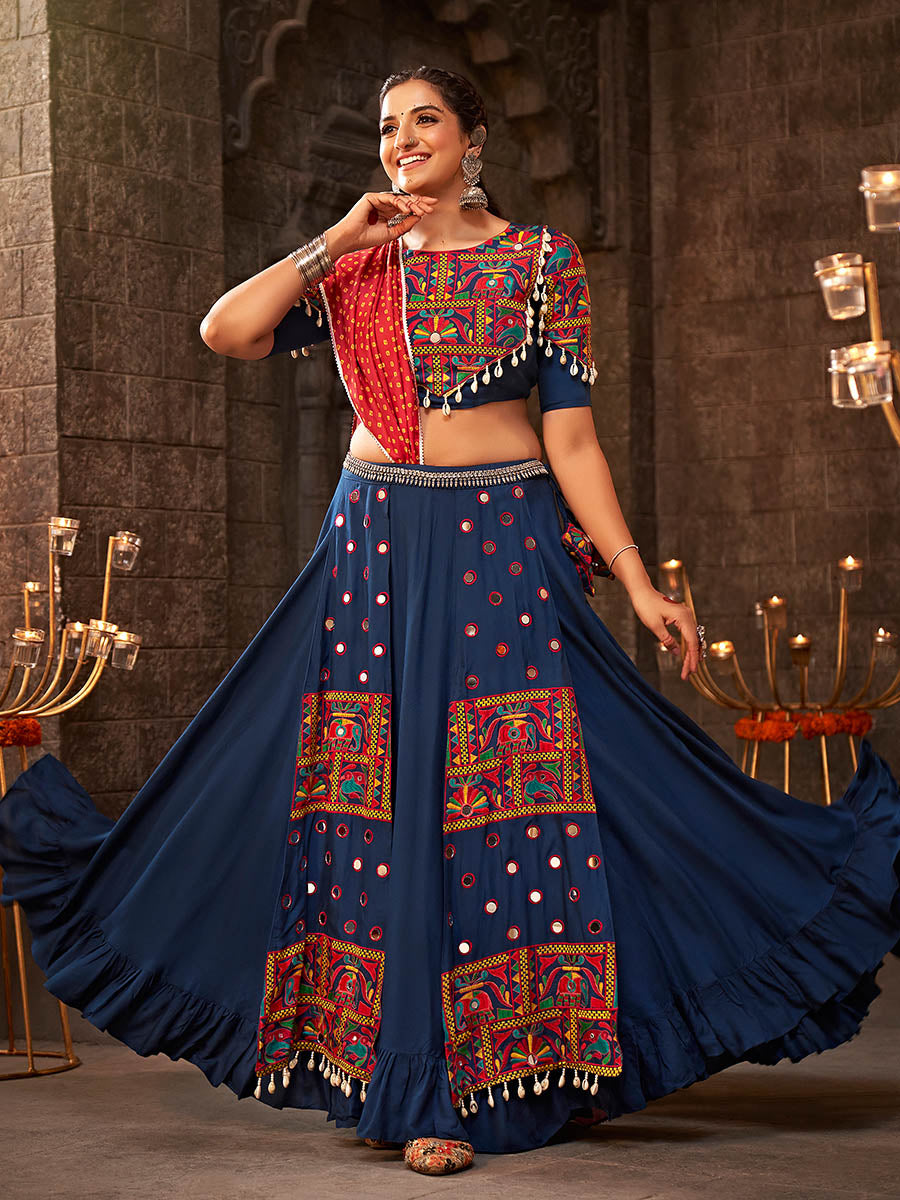 Myra Blue Viscose Rayon Embroidered Designer Navratri Special Lehenga | Grocsy