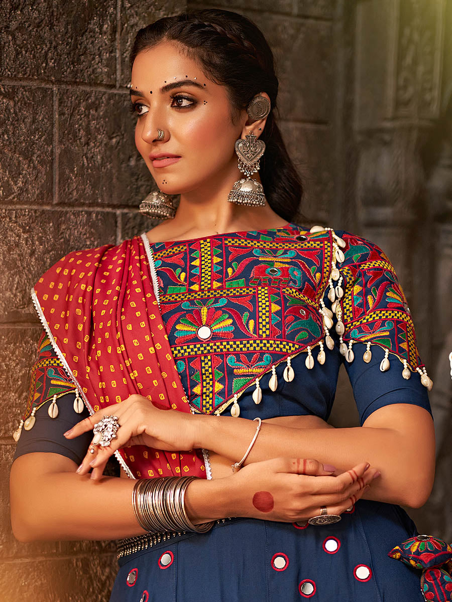 Myra Blue Viscose Rayon Embroidered Designer Navratri Special Lehenga | Grocsy