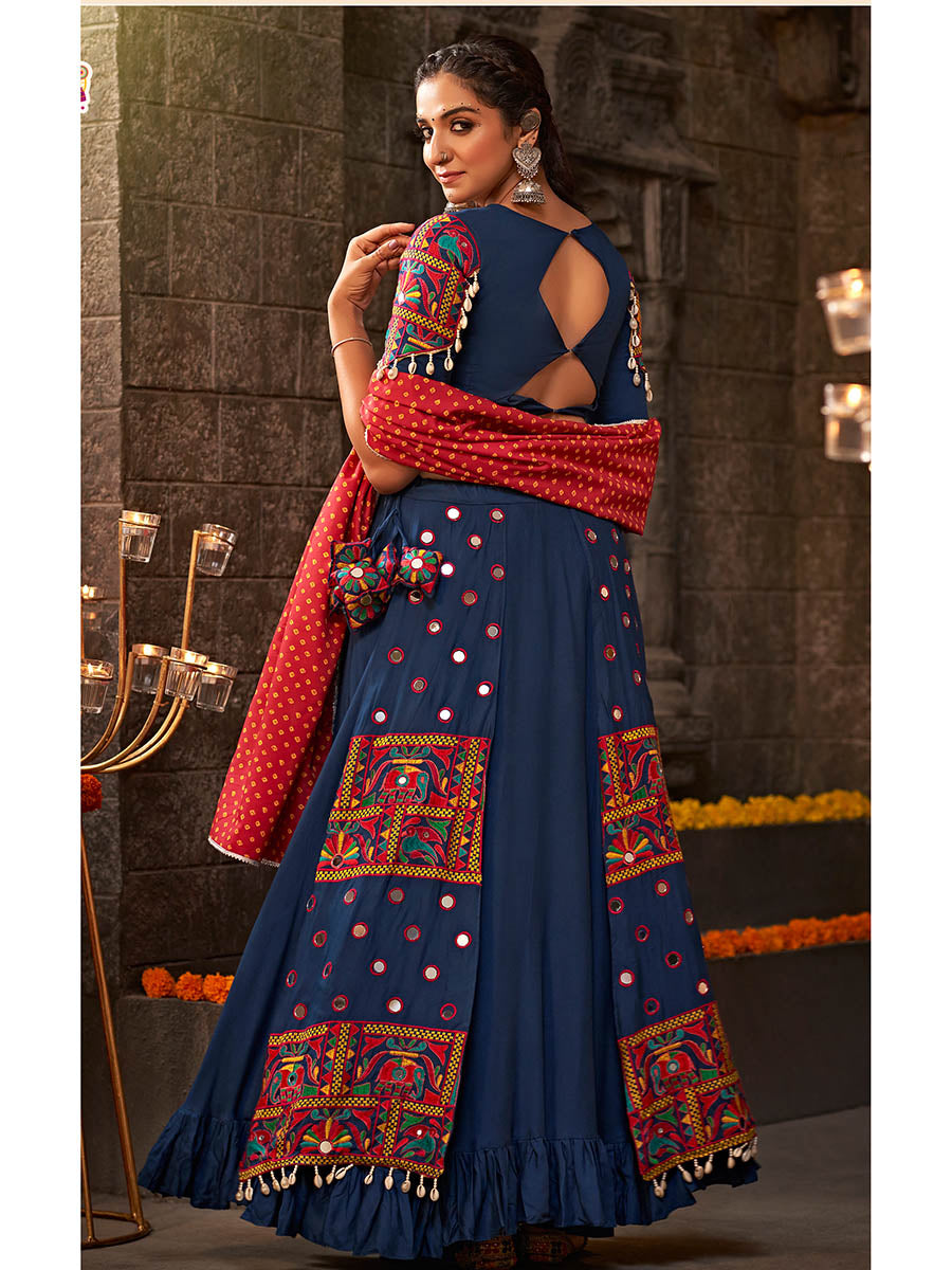 Myra Blue Viscose Rayon Embroidered Designer Navratri Special Lehenga | Grocsy