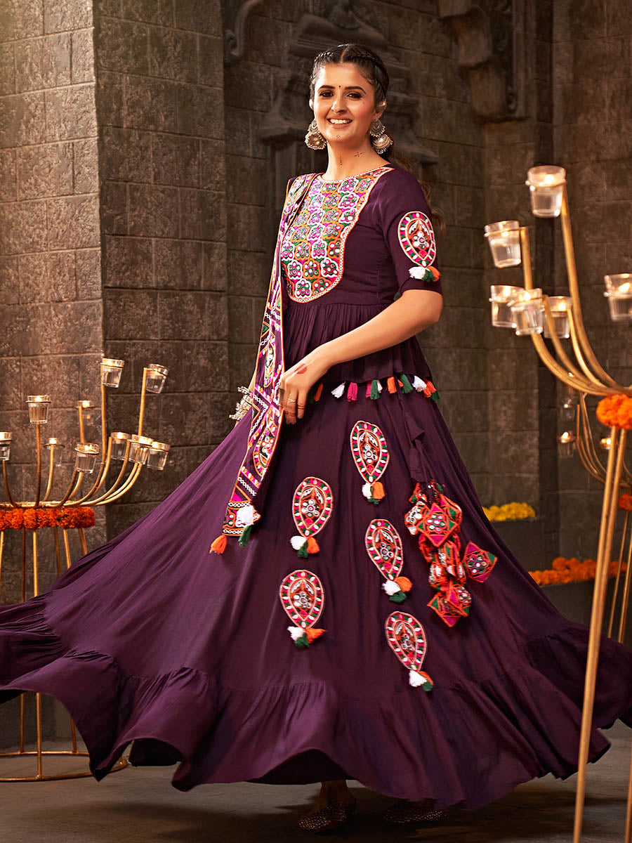 Myra Purple Viscose Rayon Embroidered Designer Navratri Special Lehenga | Grocsy