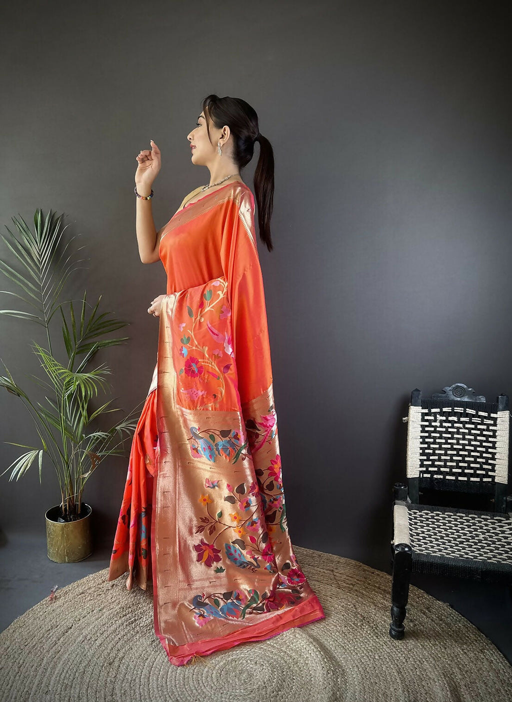 Joban Fashion Orange Floral Paithani Sarees | Grocsy