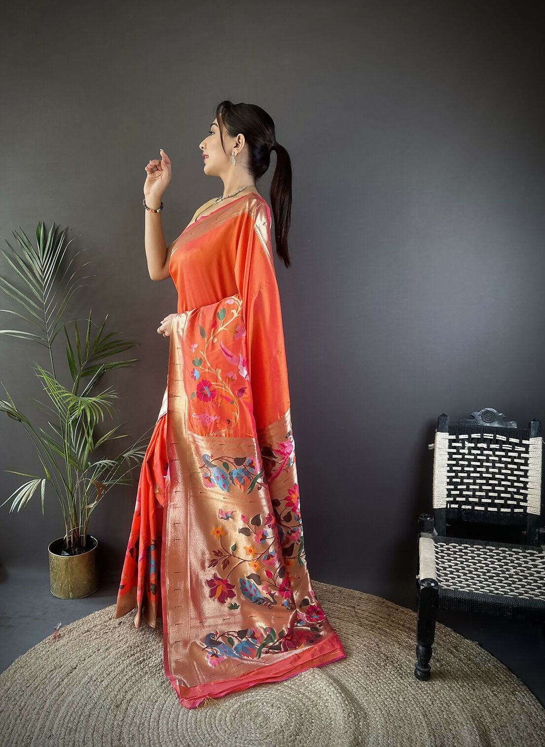 Joban Fashion Orange Floral Paithani Sarees | Grocsy