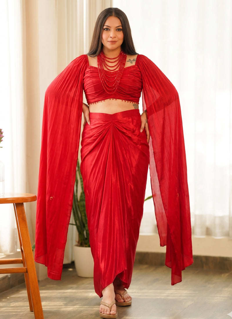 Vegaa Fashion Red Beads Chinon Silk Indo Western Suit | Grocsy