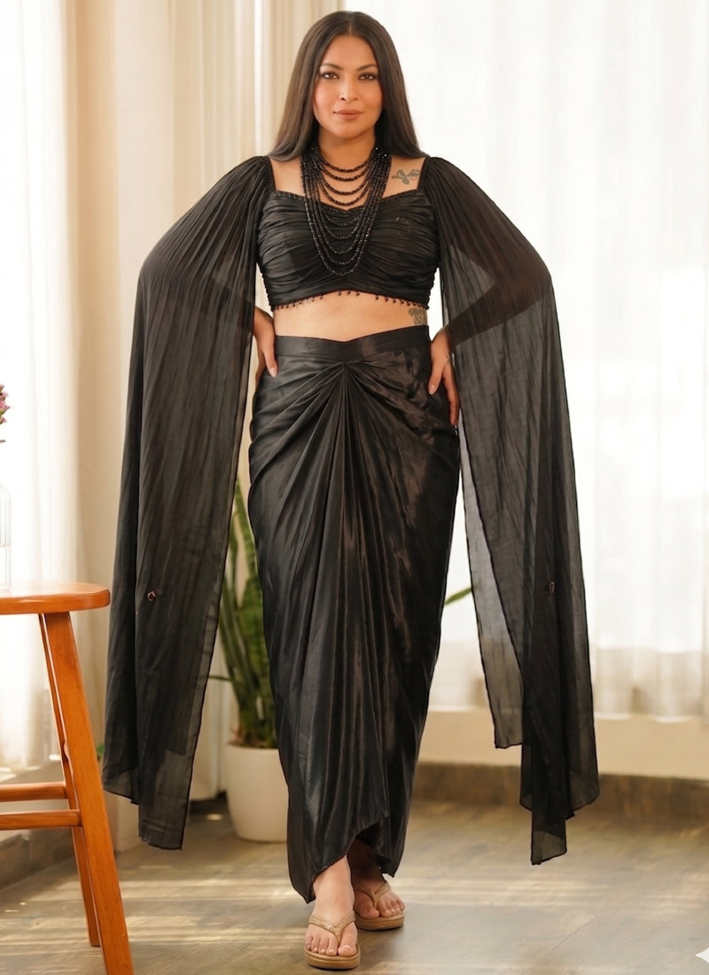 Vegaa Fashion Black Beads Chinon Silk Indo Western Suit | Grocsy