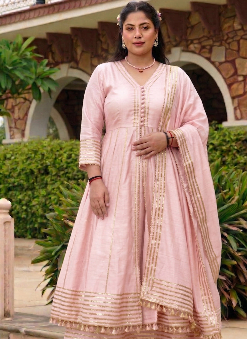 Vegaa Fashion Baby-Pink Gota Cotton Silk Palazzo Suit | Grocsy