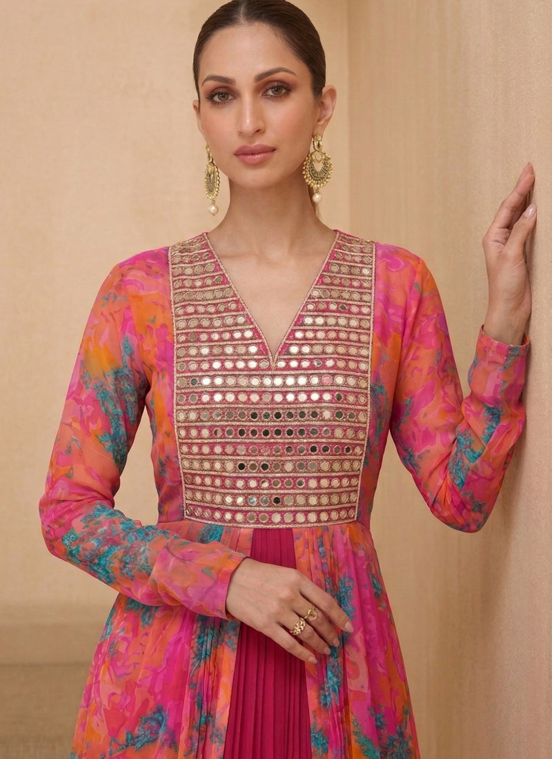 Vegaa Fashion Multicolor Real Mirraw Georgette Gown Suit | Grocsy