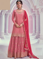 Vegaa Fashion Peach Zari Chinon Silk Palazzo Suit | Grocsy