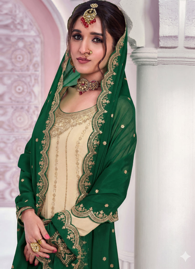 Vegaa Fashion Cream Zari Chinon Silk Palazzo Suit | Grocsy