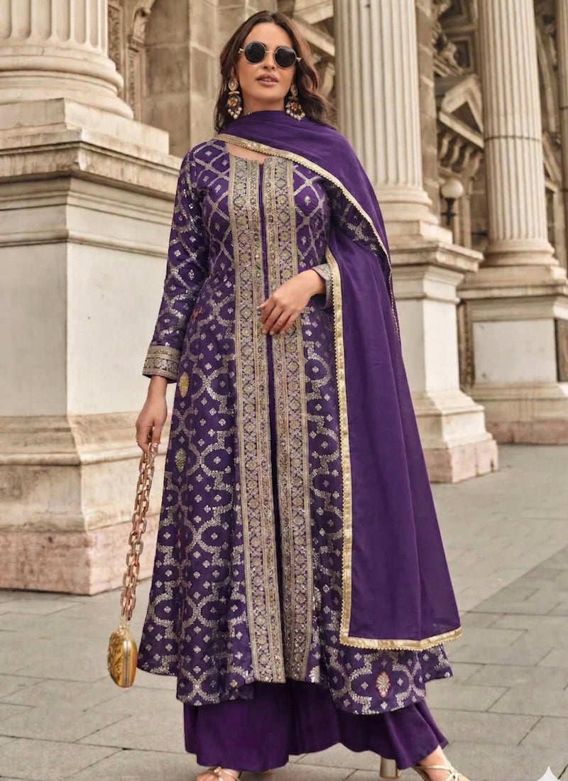 Vegaa Fashion Purple Zari Jacquard Anarkali Suit | Grocsy