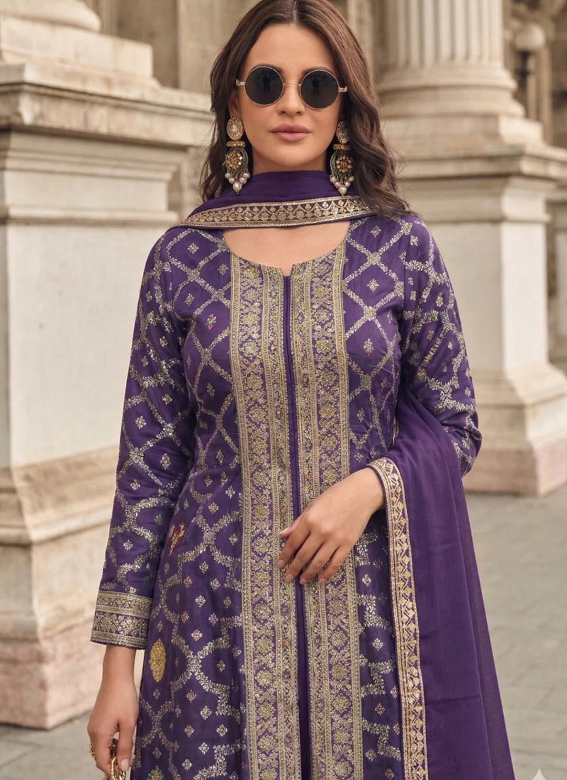 Vegaa Fashion Purple Zari Jacquard Anarkali Suit | Grocsy