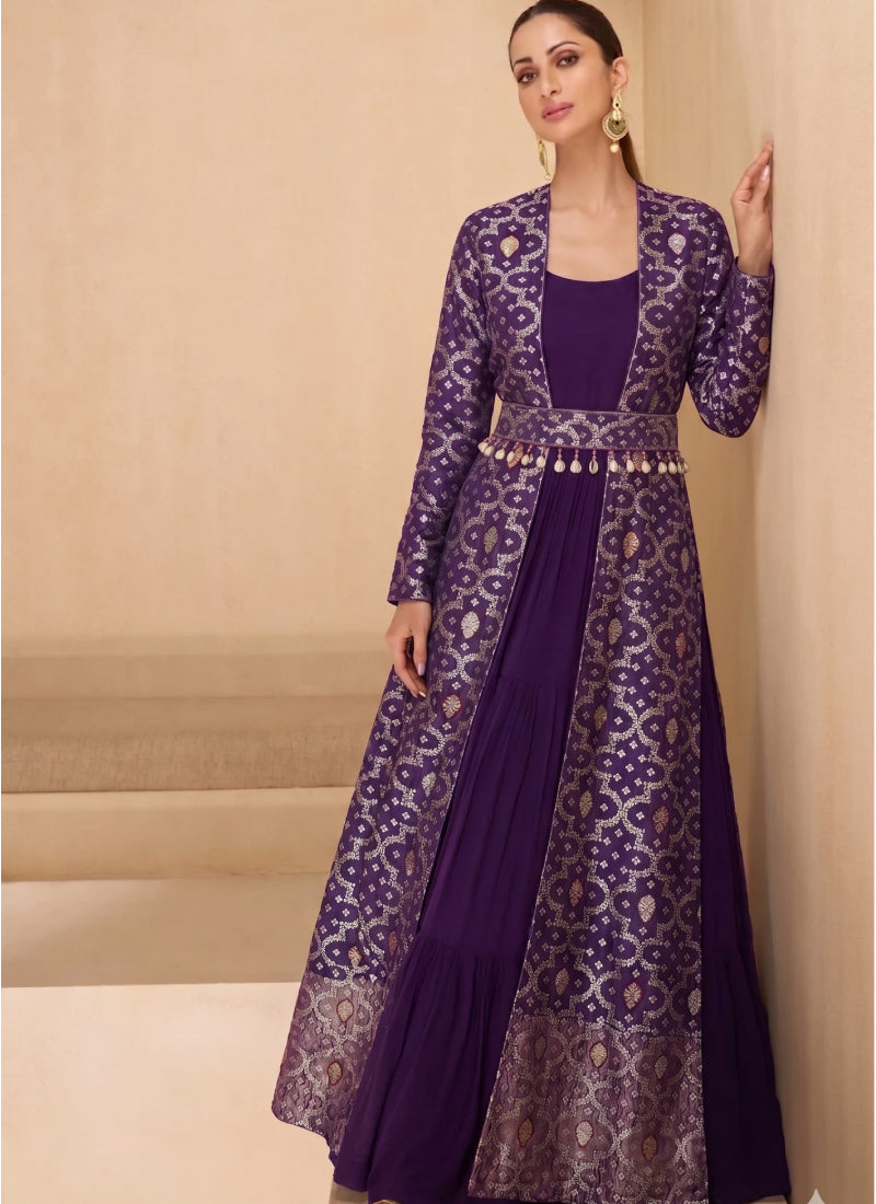 Vegaa Fashion Purple Brocade Georgette Gown Suit | Grocsy