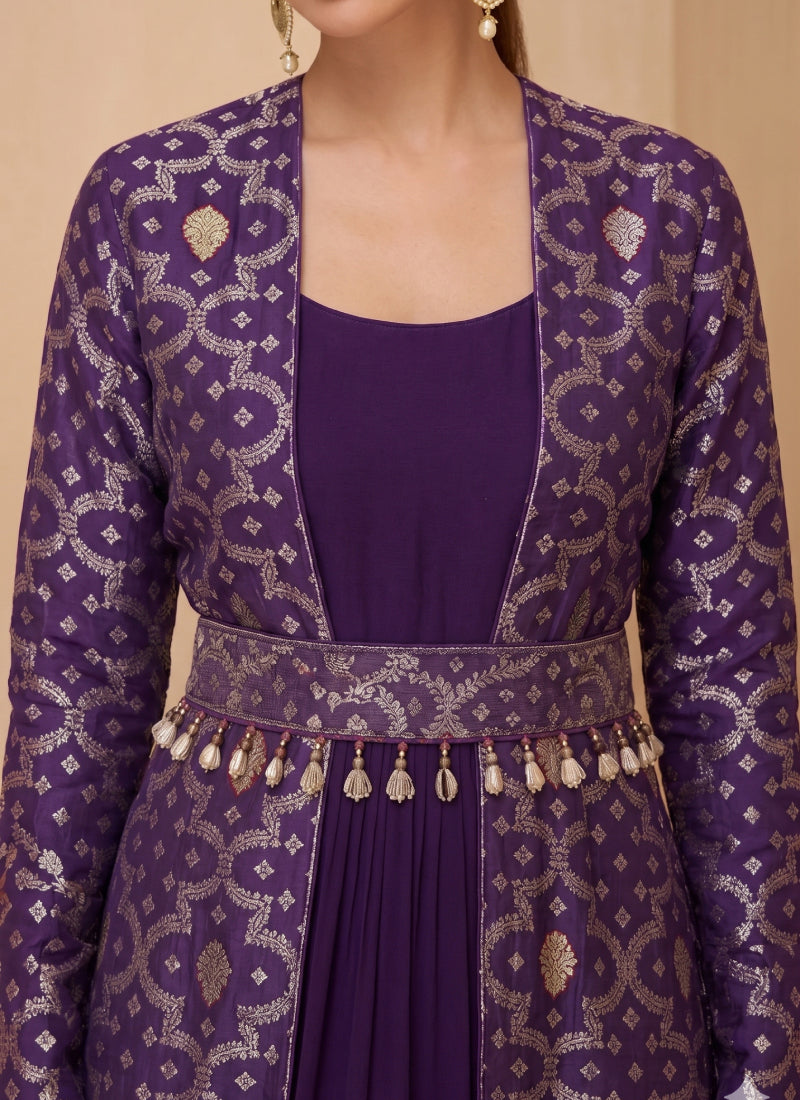 Vegaa Fashion Purple Brocade Georgette Gown Suit | Grocsy