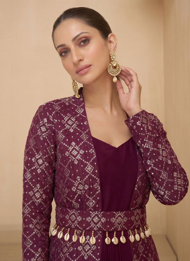 Vegaa Fashion Wine Brocade Jacquard Indo Western Suit | Grocsy
