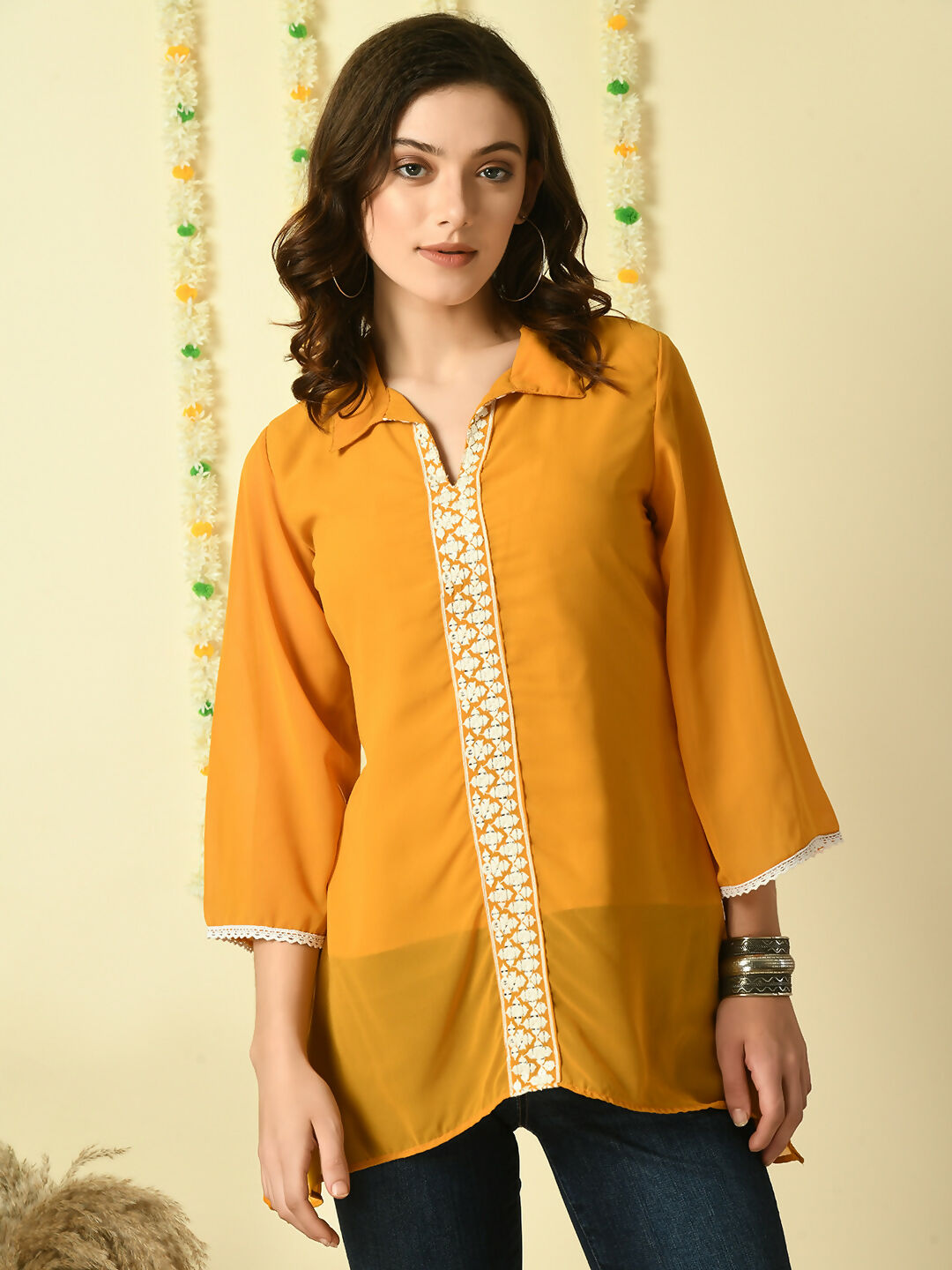 Myshka Women's Mustard Embroidered Party Fusion Top | Grocsy