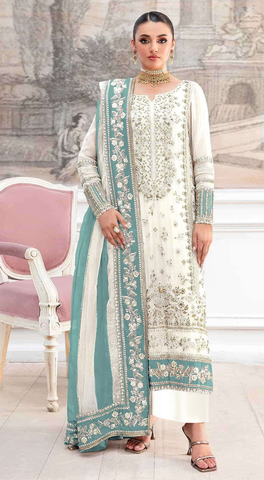 Anaita White Silk Suit with Embroidery & Khatli Work | Grocsy