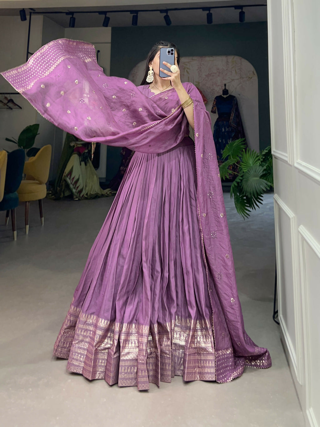 Lorenvalley Lavender Pure Chanderi Plain With Zari Weaving Work Border Lehenga Choli | Grocsy