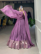 Lorenvalley Lavender Pure Chanderi Plain With Zari Weaving Work Border Lehenga Choli | Grocsy