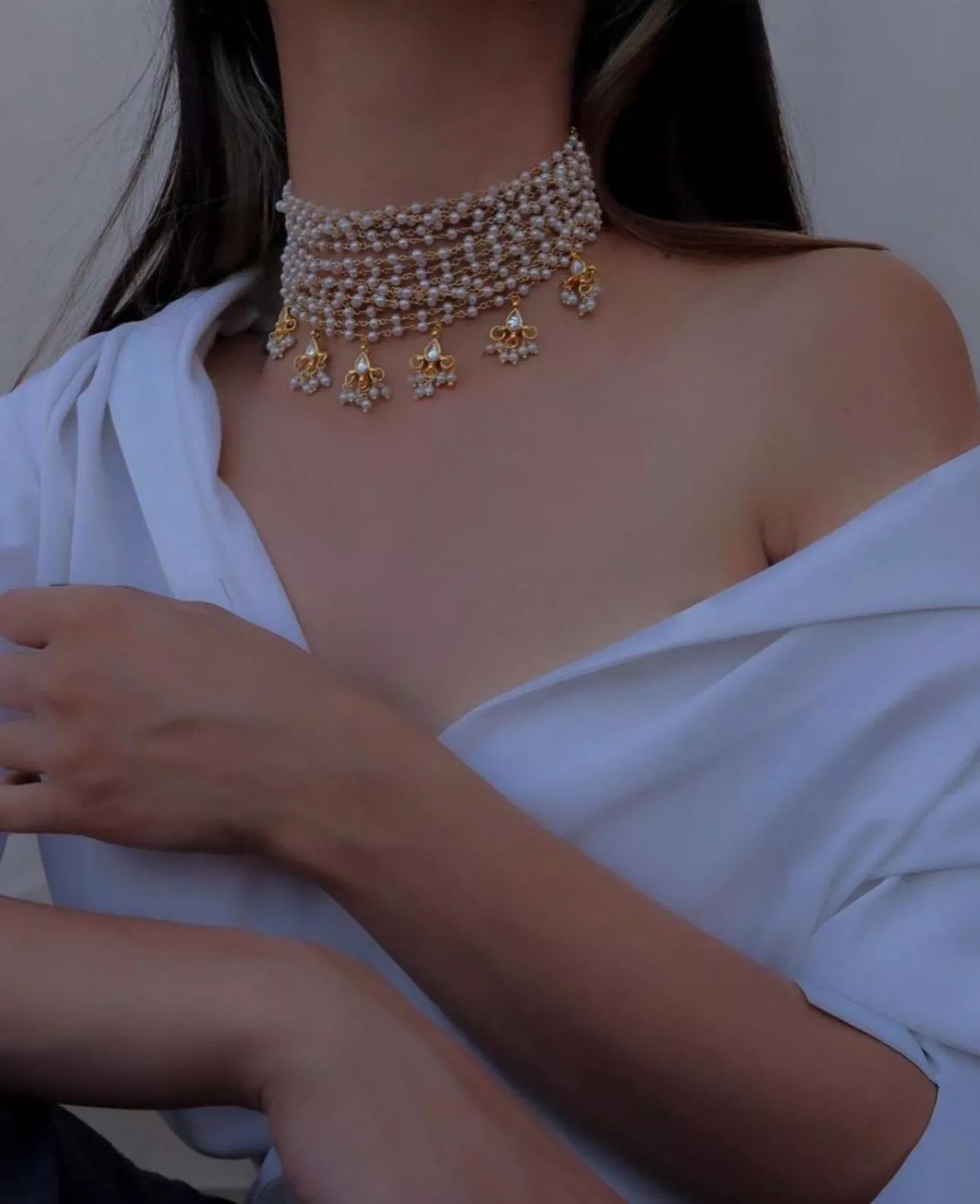 Jewel City Exquisite Gold-Plated Pearl Choker Necklace Set - Traditional Indian Bridal Jewelry Hanging Pearls | Grocsy