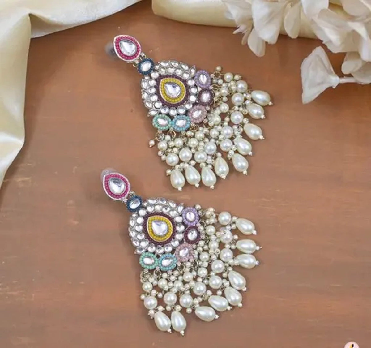 Jewel City Handcrafted Multicolor Kundan Pearl Chandbali Earrings | Traditional Ethnic Gold-Plated Indian Jewelry | Grocsy