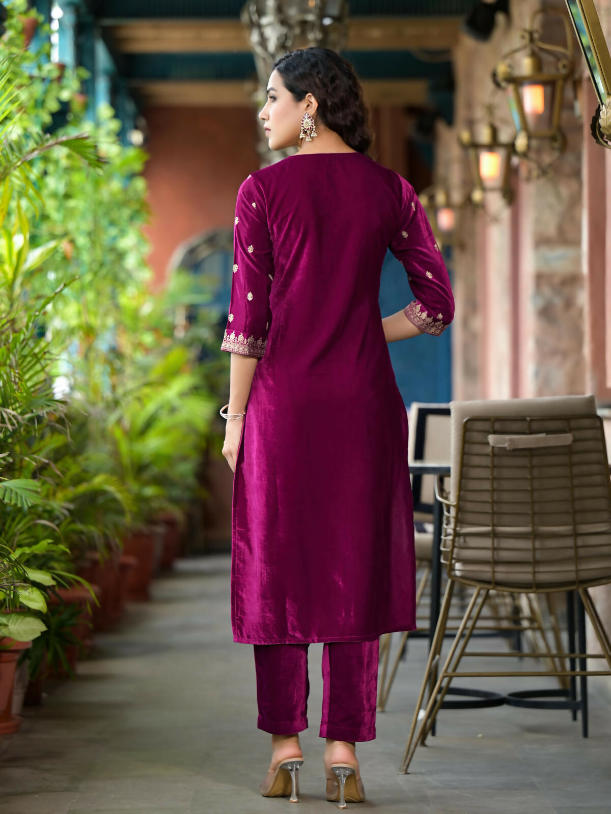 Juniper Women's Wine Ethnic Motif Printed Velvet Kurta Set With Lace | Grocsy