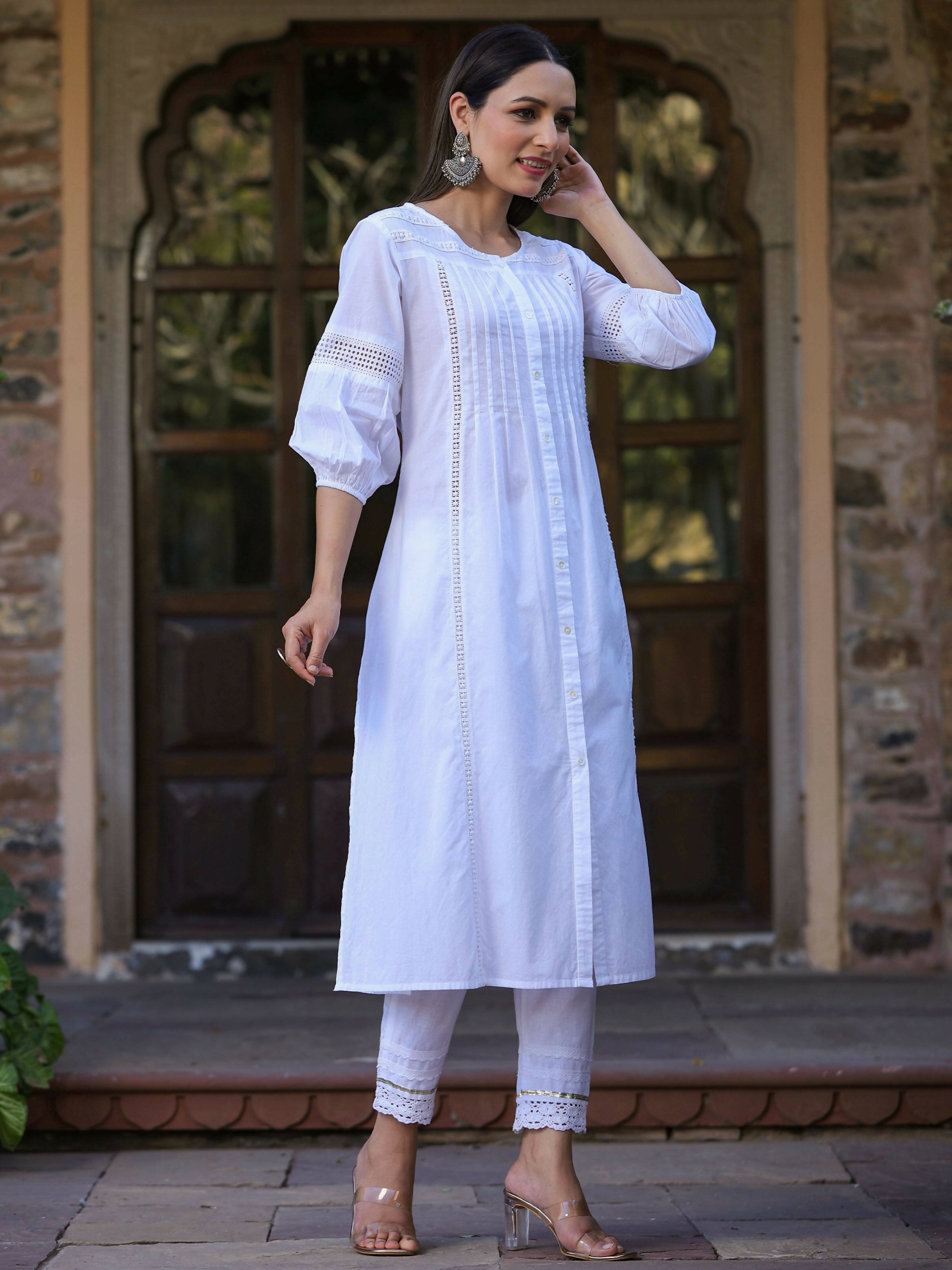 Juniper Women's White Cotton Cambric Solid A-Line Kurta | Grocsy