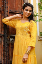 Yufta Yellow Cotton Dobby Dress | Grocsy
