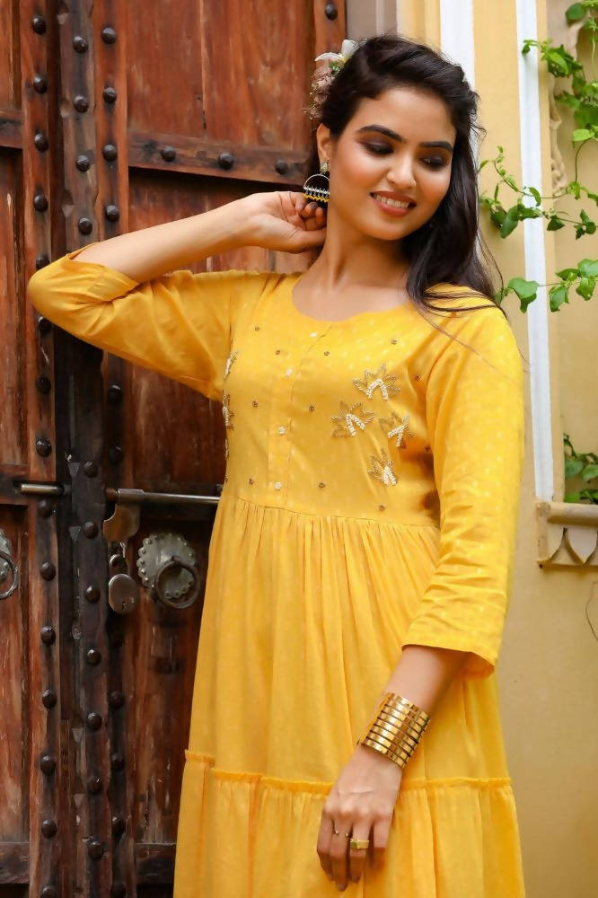 Yufta Yellow Cotton Dobby Dress | Grocsy