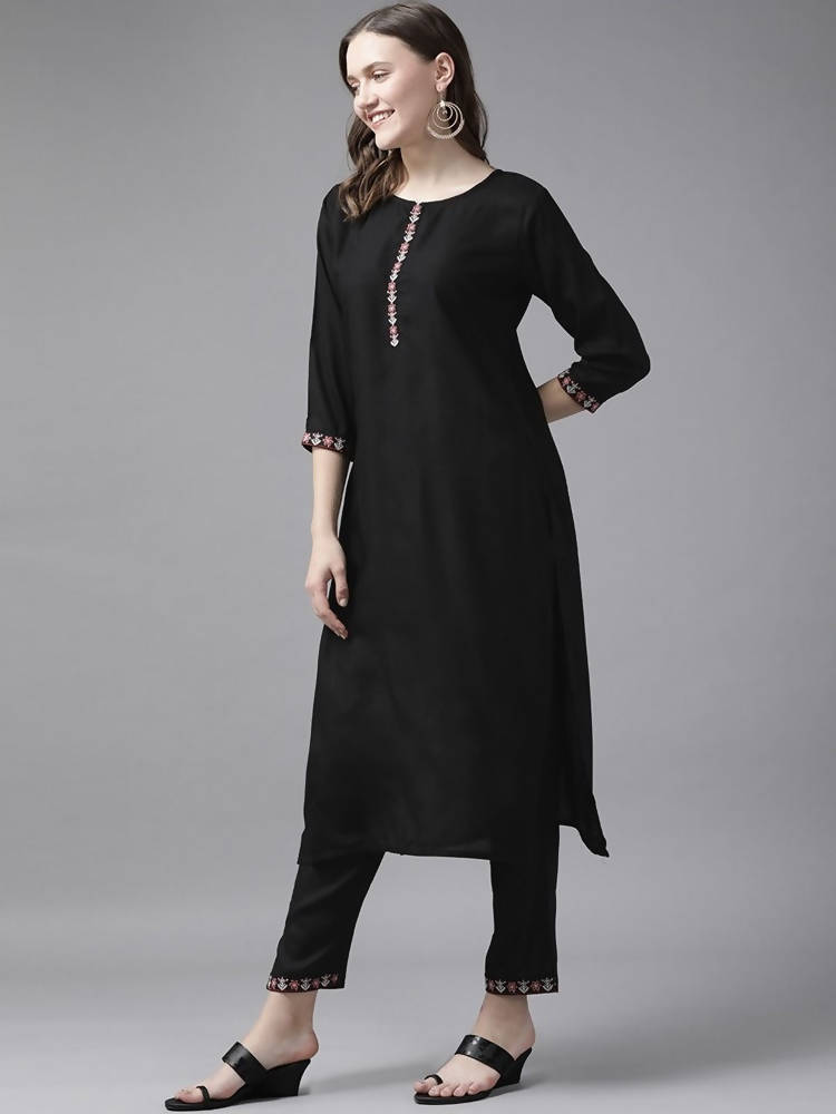 Yufta Women Black Solid Kurta with Trouser and Dupatta | Grocsy