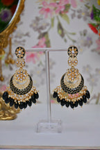 Gold-Polished Kundan & Pearl Dangle Women Black Meenakari Chandbali Earrings By House of Ree - House of Ree