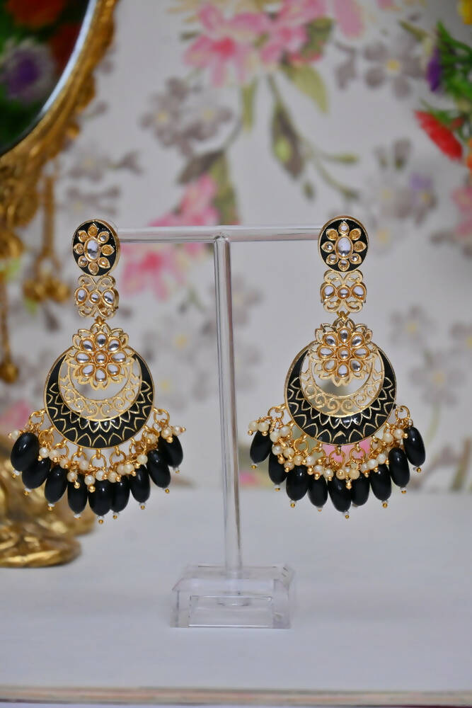 Gold-Polished Kundan & Pearl Dangle Women Black Meenakari Chandbali Earrings By House of Ree - House of Ree