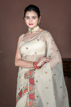 Morchari Beige Supernet Cross Embroidery Saree Unstitched Blouse | Grocsy